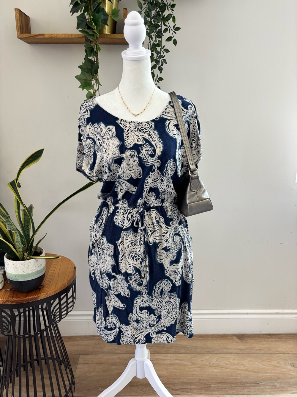 Lucky Brand Navy and Cream Paisley Drawstring Midi Dress